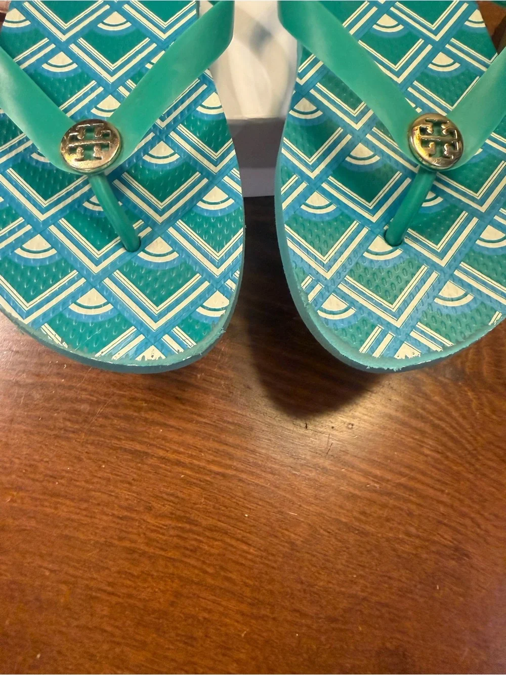 Tory Burch Teal Blue White Patterned Logo Flip Flop Thong Sandals Size 11